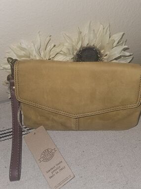 Italian Leather Wristlet Clutch in Tan/Mustard